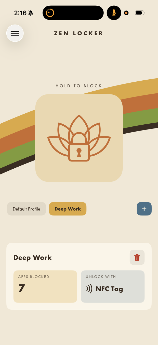 The Zen Locker home screen with a Deep Work profile selected, seven apps blocked, and a large lotus button labelled Hold to Block.