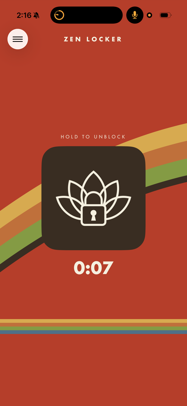 Zen Locker in its locked state: the screen floods tomato red, the lotus turns dark, and an elapsed timer reads seven seconds.