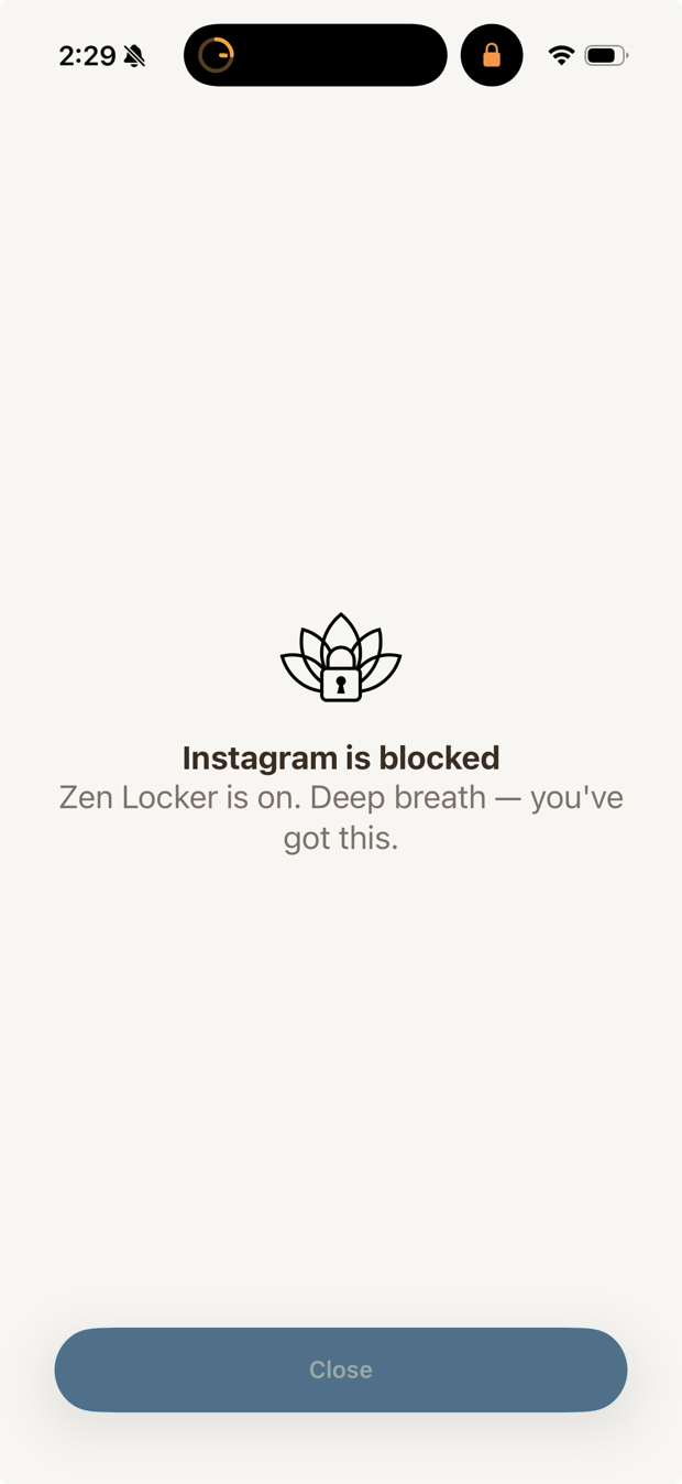 Instagram opened while locked, showing the Zen Locker shield: a lotus mark above the words Instagram is blocked.