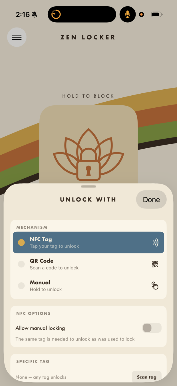 An Unlock With sheet offering three mechanisms: NFC Tag, QR Code, and Manual hold to unlock.